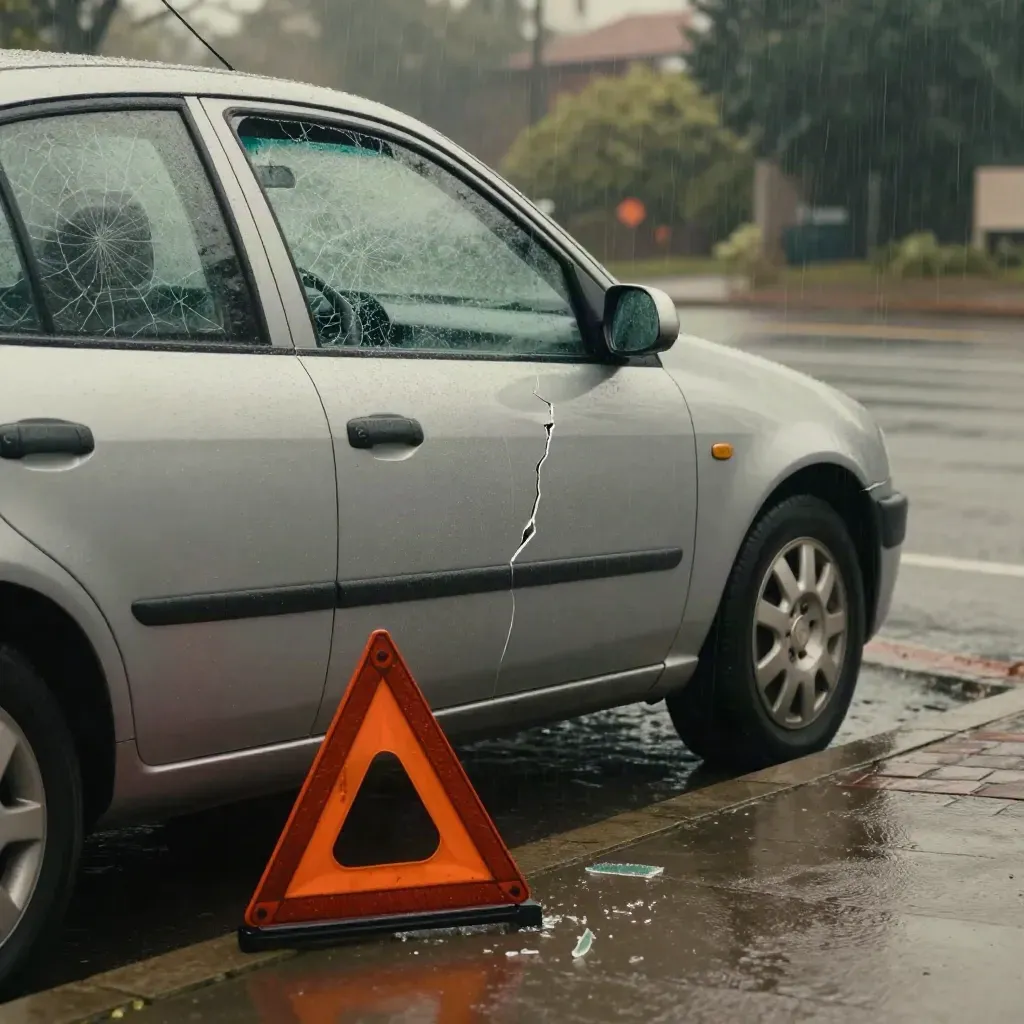 Beschadigde zilveren auto met gebroken zijruit, natte gevarendriehoek en glasscherven in regenmist.