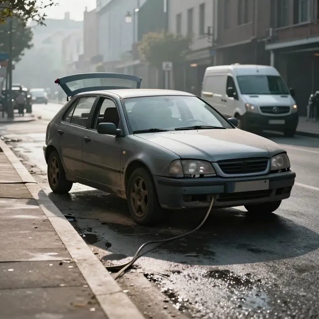 Beschadigde stadsauto wordt weggesleept in ochtenddamp, met sleepkabel en herstelwagen.
