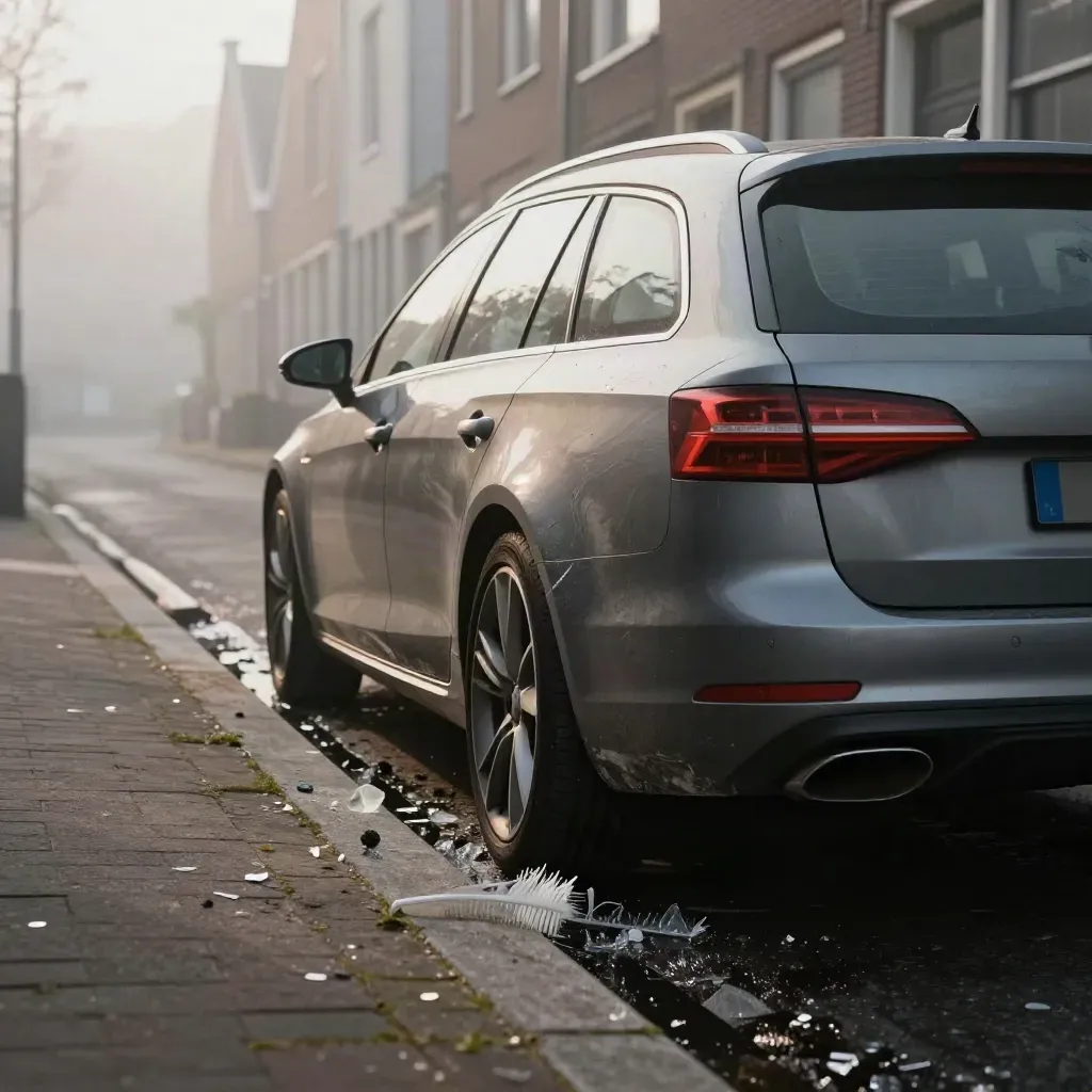 Grijze stationwagon met parkeerschade langs een smalle straat in koude ochtendlucht.