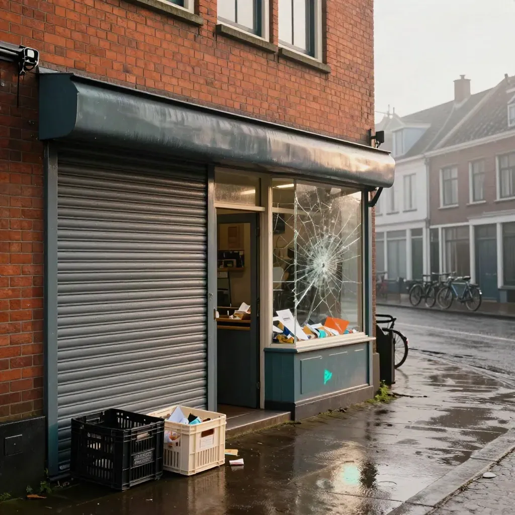 Beschadigde winkelgevel met omgevallen kratten en natte straat in ochtendregen.