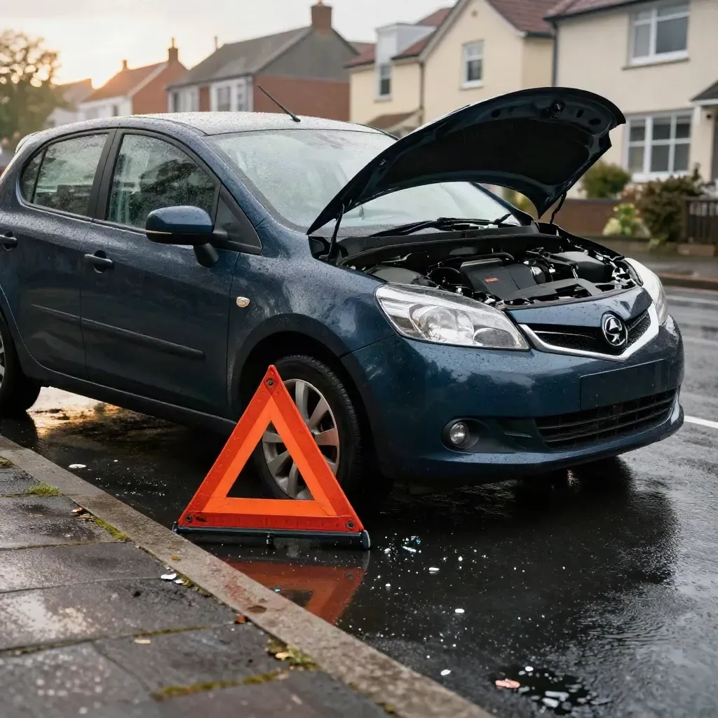 Beschadigde navy compacte auto met open kofferbak, gevarendriehoek en nat wegdek na een botsing.