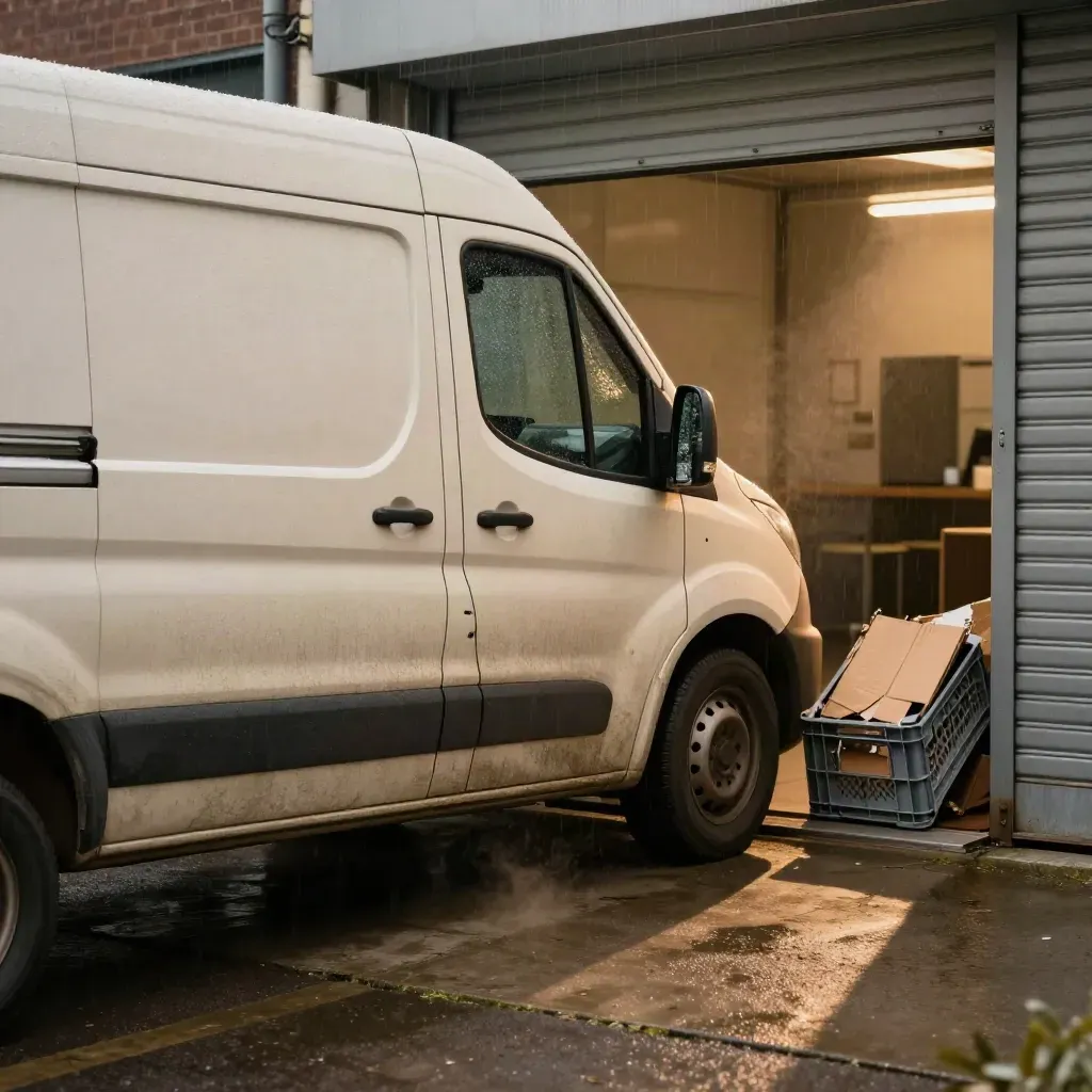 Werkbus met deuk naast rolluik en omgevallen kratten bij een bedrijfsingang na schade.