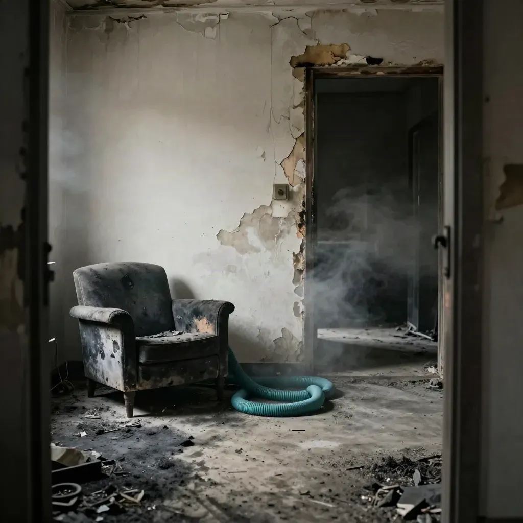 Verbrande woonkamer met roet, halfverkoolde stoel en ventilatieslang na blussing.