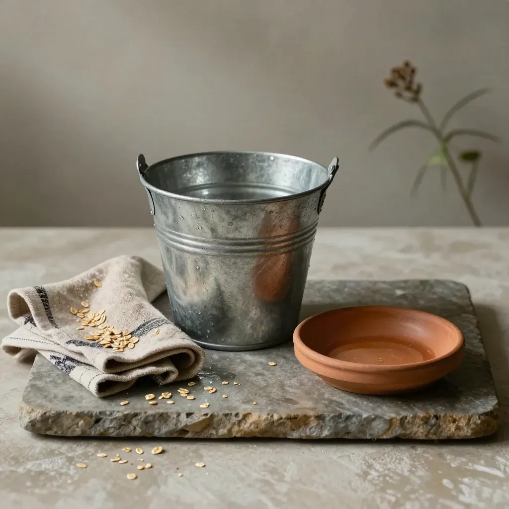 Zinken emmertje op stenen tray met natte doek, terracottaschaaltje en plant bij een lekkage.